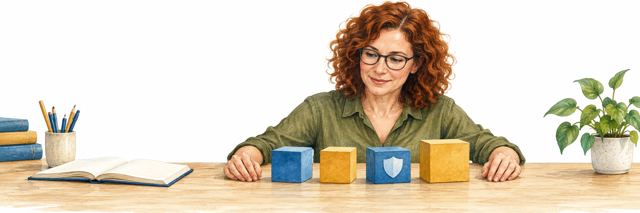 אישה ליד שולחן עם ארבע אבני בניין כחולות וצהובות, שתי ידיה מונחות על השולחן