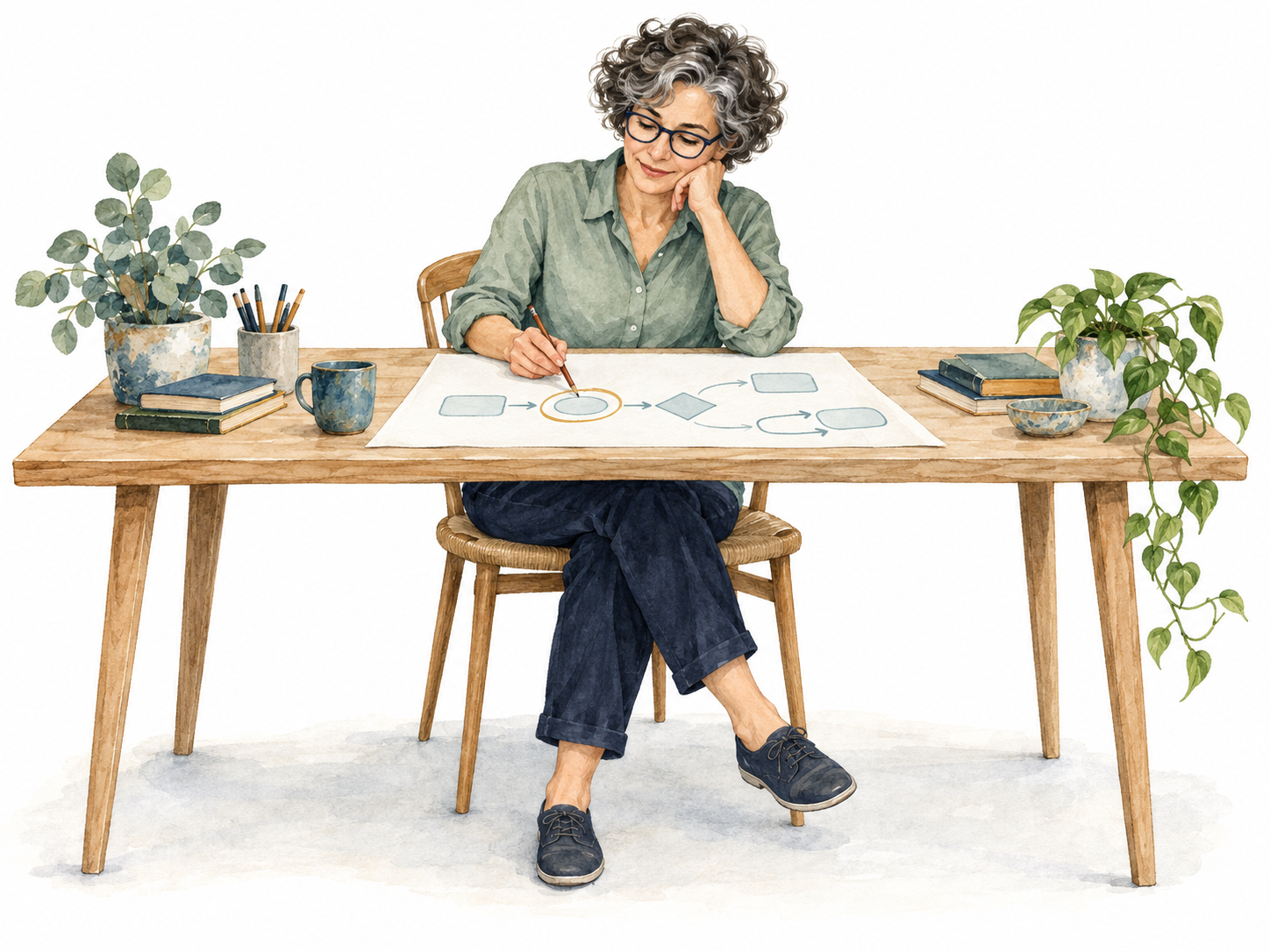 אישה בוחנת מפת תהליך על דף ומסמנת פעולה אחת בעיפרון