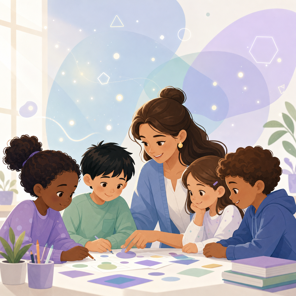 מורה ותלמידים חוקרים יחד סביב שולחן באיור מתוך עמוד הקורס